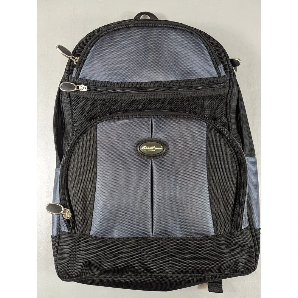 Eddie Bauer Grey Black Backpack 4 Zippers Adjustable Straps School‎ Hiking EUC